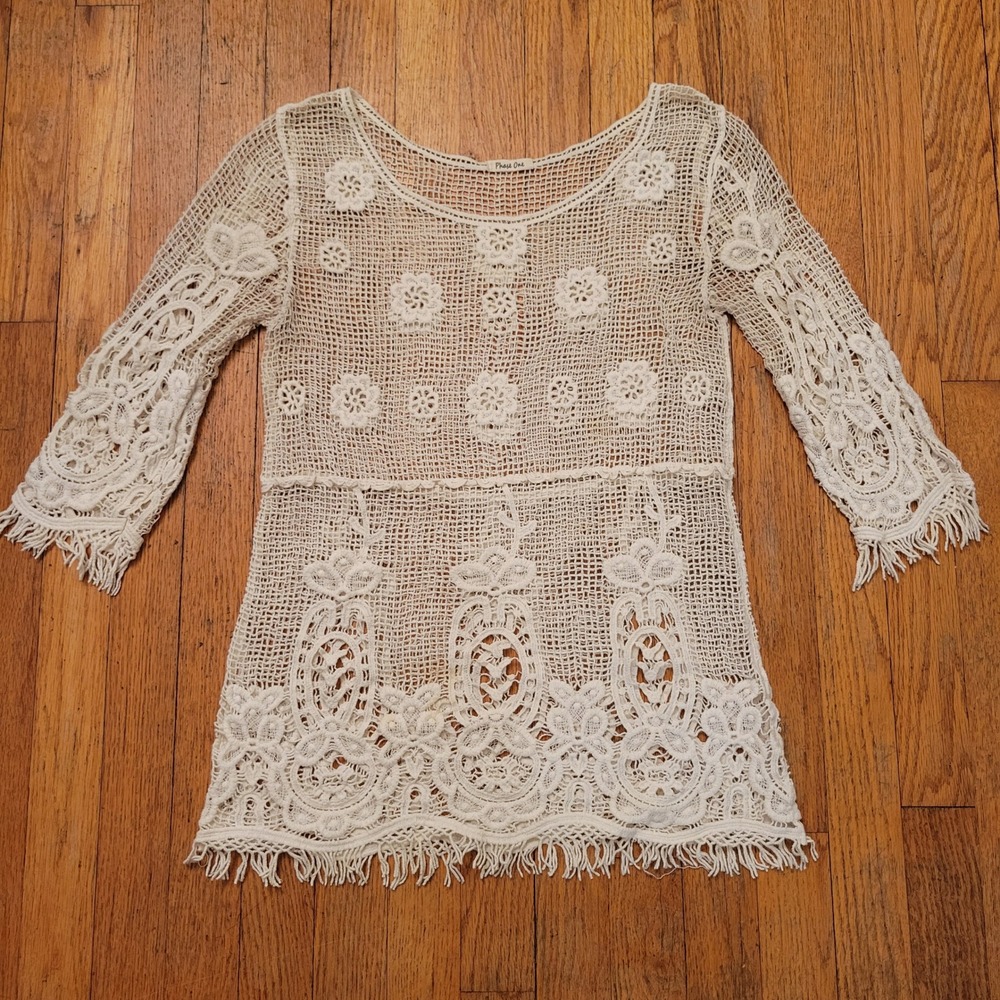 Phase One M Crochet Top Cream Fringe Boho Sheer Tunic Earthy Granola Cottage